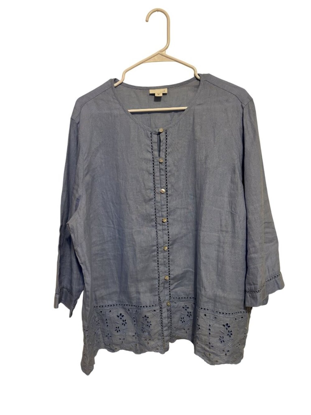 J. Jill Love Linen Blue Tunic Top With Embroidered Hem & Button Front XL